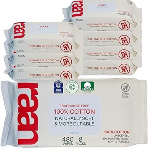 Raan, 100% Cotton Baby Wipes, Unbleached, 99% Purified Water, Unscented, EWG verified, For Extra Sensitive Skin, Naturally Soft and Durable, 8 pack, 480 Count