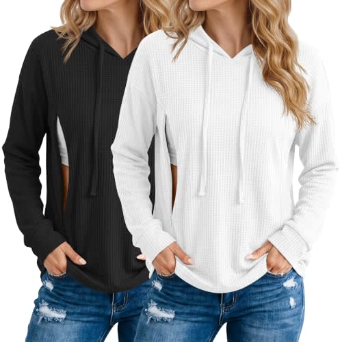 Ficerd 2 Pack Women's Nursing Waffle Hoodies Breastfeeding Tops | Long Sleeve Sweatshirts with Hidden Zipper, Postpartum Casual Pullover Shirts, Soft Comfortable Tees, Loose Fall Daily Wear