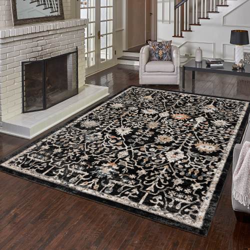 Style Selections Bending Mountains 8 x 10 (ft) Loomed Polypropylene Black Rectangular Indoor Floral/Botanical Moroccan Spot Clean Only Pet Friendly Area rug