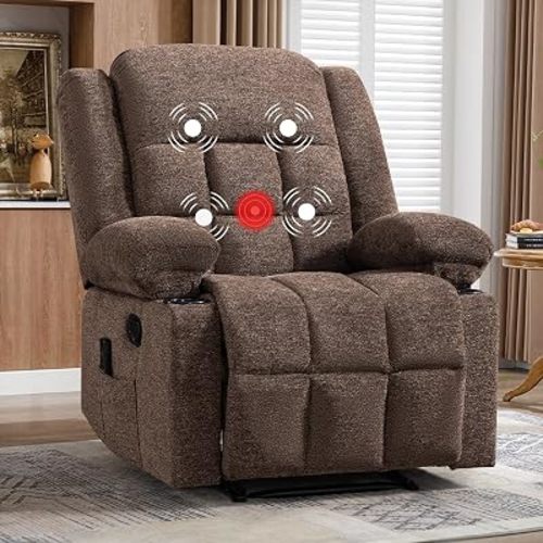 EBELLO Manual Recliner Chair for Adults with Vibration Massage and Lumbar Heating, Soft Fabric Recliner Single Sofa for Living Room with Side Pocket and Two Cup Holders, Brown