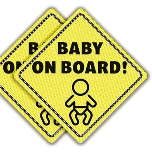Baby On Board Sticker Sign - Essential for Cars - 2 Pack, 5.5" by 5.5" - Bright Yellow and See-Through On Window - Best Safety Signs - No Need for Suction Cup or Magnet - Durable Strong Baby in Car