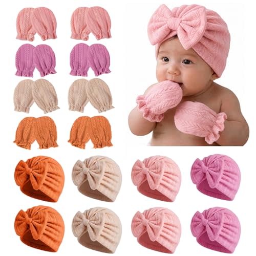 8 Sets Newborn Baby Girl Bow Hats and Mittens Turban Beanies 0-3M | Cotton preemie infant hospital cap. No-scratch gloves. Gorritos para recien nacidos niñas. Essential nursery shower gifts.