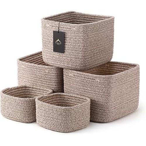 5-Pack Storage Cubes Woven Rope Baskets - 2 Sizes Organizer Bins for Closet, Shelf, Bookshelf, Nursery, Changing Table, Cube Storage Bins, Storage Baskets for Bathroom Toy & Home