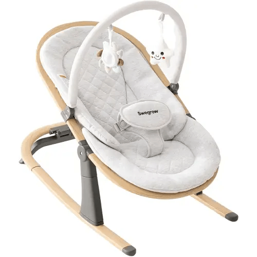 Swegrow 2-in-1 Baby Bouncer, Portable Newborn Bouncer Seat with 3 Adjustable Heights, Rocker and Stationary Options, Infant Rocker Chair with Hanging Toys (White)