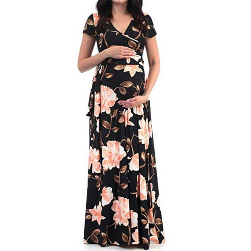 Dezsed Long Maternity Dresses Women Casual Plus Size Pregnancy Dress V-neck Short-sleeved Belt Printed Maxi Maternity Dress For Women
