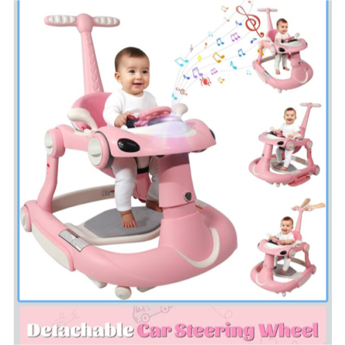Baby Walker, 4-in-1 Baby Walker with Wheels Portable, Foldable Infant Toddler Walker for Boys Girls 6-18 Month,Removable Footrest,Car Steering Wheel & Music, Adjustable Push Walker Pink