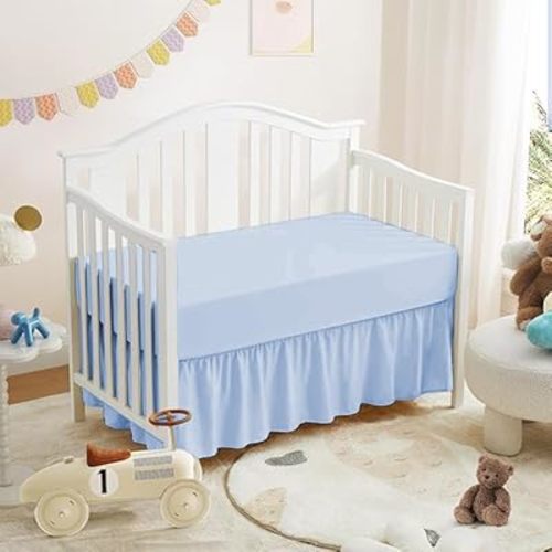 Crib Ruffle Bed Skirt (28” x 52”) with 14” Inch Drop Dust Ruffle for Baby Boys or Girls Nursery Crib Toddler Bed Skirt Microfiber Fabric - Light Blue Solid