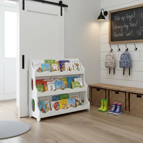 AMMEHOELA Kids Bookshelf Wooden Montessori Book Shelf Dutch Design 3Tier Scalloped White