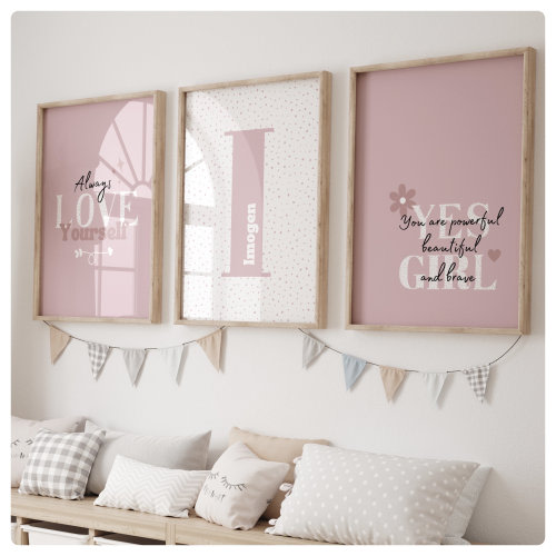 Set of 3 love yourself quote prints, perfect girls bedroom, quote, be your own kind of beautiful, personalised, pink, boho,