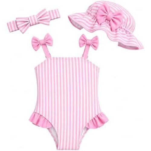 DivingBirds Baby Girl Swimsuit with Sun Hat &Headband Set, Infant One Piece Bathing Suit Newborn Summer Beach Gift