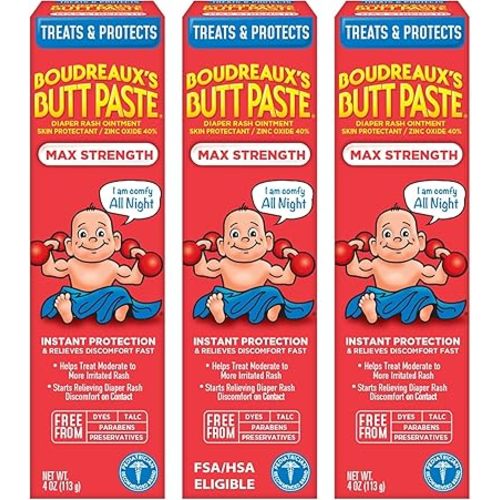 Boudreaux's Butt Paste Maximum Strength Diaper Rash Cream, Ointment | For Baby | 4 oz Tube | Pack of 3