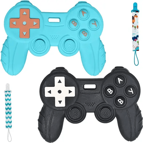 Baby Game Controller Teether Toy Silicone Teething Toy for Gamer Parents and Future Gamer Kids Cool Gaming Stuff (Blue+Black)