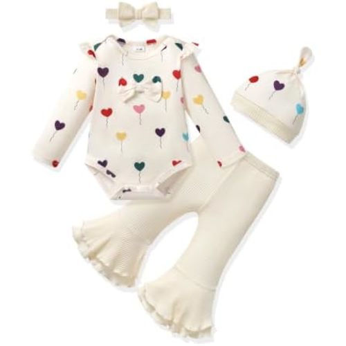 Vibebox Baby Girl Clothes Preemie Newborn Fall Winter Outfits Long Sleeve Romper Bell Bottom Pants Infant Girls Clothing Set
