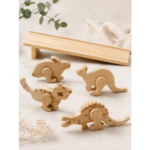 Wooden Animal Ramp Walker Toy Set, Montessori Walking Animals, 4 Wood Animal Blocks With Ramp, Kids Gravity Toy, Bunny Dino Cat Kangaroo 3+
