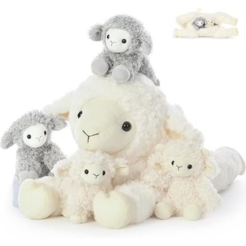 Tezituor 5Pcs Lamb Stuffed Animals Set, 20 Inch Large Mommy Stuffed Sheep Plush with 4 Cute Lamb Babies, Realistic Sheep Plush Pillow for Girls Boys