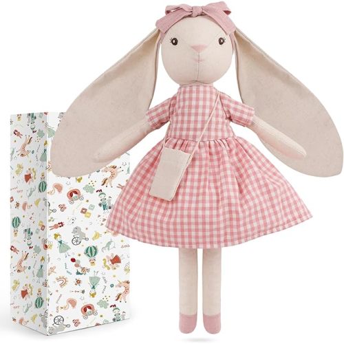 15" Bunny Stuffed Animal for Girls, Plush Toy Doll -Wearing Pink Plaid Dress,Cute Doll Set Dress Up for 3 4 5 Year Old Girl - Gift for Little Girl, Birthday, Easter,Christmas…