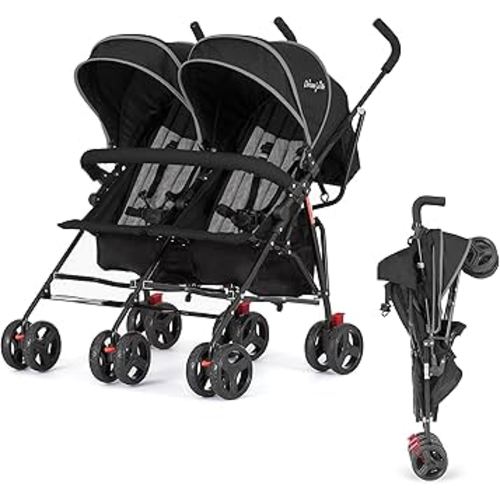 Dream On Me Volgo Twin Umbrella Stroller in Black, Lightweight Double Stroller for Infant & Toddler, Compact Easy Fold, Large Storage Basket, Large and Adjustable Canopy