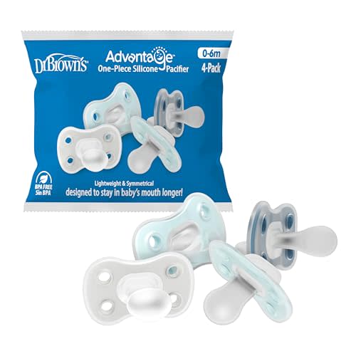 Dr. Brown's Advantage One-Piece Silicone Baby Pacifier, Fully Symmetrical Soother, Blue/Gray/Light-Blue, 0-6M, BPA-Free, 4-Pack