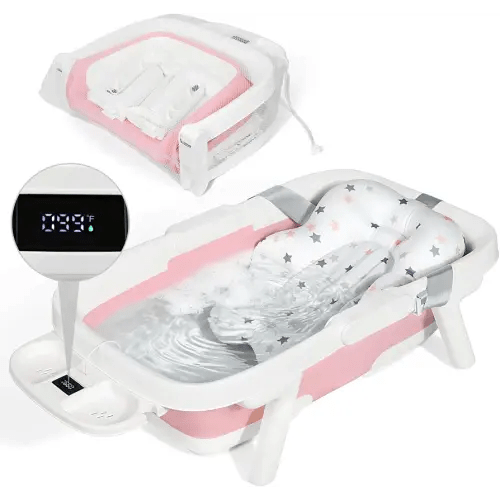Orzbow Collapsible Baby Bathtub, Large Baby Bath Tub for Newborn with Soft Cushion & Thermometer, Travel Portable Baby Tubs for Infants to Toddler 0-36 Months, Pink