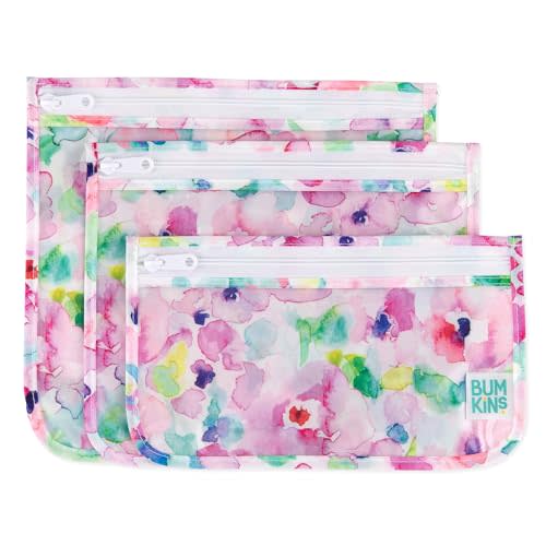 Bumkins Travel Bag, Toiletry, TSA Approved Pouch, Zip Bag, Quart Size Airline Compliant, Clear-Sided, Baby, Diaper Bag Organization, Makeup, Accessories, Packing, Set of 3 Sizes, Watercolors Floral