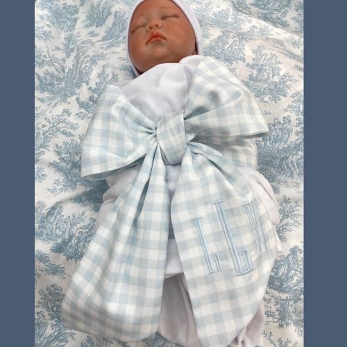 Monogrammed Newborn Pale Baby Blue Gingham Check Bow Sash, Maternity Photo Prop, Monogrammed Newborn Wrap, Baby Photo Prop, Big Bow