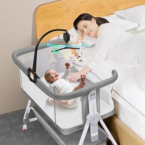 Baby Bassinet Bedside Crib, 3 in 1 Baby Bassinet Bedside Sleeper with Musical Toy, Adjustable Portable Crib All Mesh Bedside Bassinet with Storage Basket, Grey