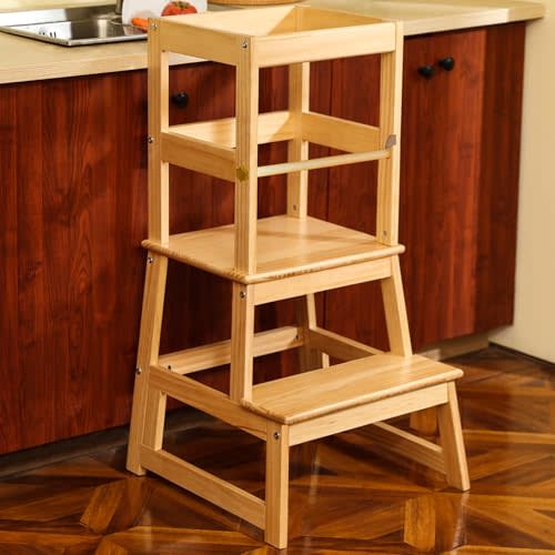 Kitchen Step Stool for Kids with Safety Rail,Toddler Standing Tower for Kitchen Counter, Baby Montessori Stool,Solid Wood Construction,Natural