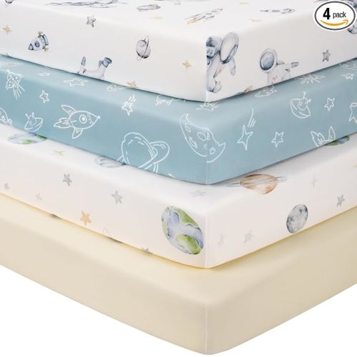 FIEMOL Baby Crib Sheets for Boys Girls, Toddler Bed Sheets Fitted for 52"x28" Standard Crib and Toddler Mattresses, 4 Pack Soft Breathable Stretchy Microfiber Blue Space Astronaut
