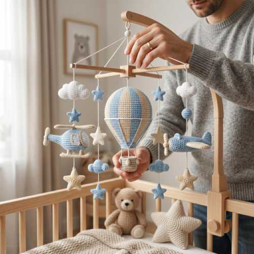 Airplane Baby Mobile, Hot Air Balloon Crib Mobile, Crochet Helicopter & Cloud Nursery Decor, Blue Neutral Baby Gift, Handmade Cot Mobile
