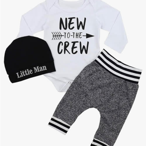 Fommy Newborn Baby Boy Clothes New to The Crew Letter Print Romper+ Pants+Hat 3PCS Outfit