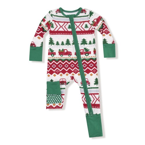 Red Truck Fair Isle Print Convertible Zip Footie, 6-12M
