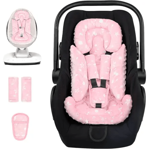 Car Seat Head Support Baby, Soft Infant CarSeat Insert with Strap Covers for Girls, Newborn Insert for carseat, Strollers, Swings, Bouncer, Pink