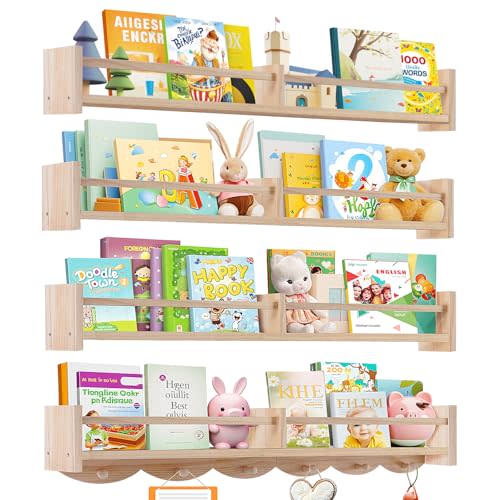 34Inch Nursery Book Shelves Wall Mounted, Floating Book Shelf for Kids Coat Rack with 6 Hooks, Wall Hanging Shelf for Baby Nursery Room Organizer ，Patent Number:US-D1058229-S(4, Burlywood)