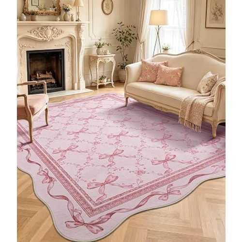 Pink Bow Area Rug for Girls: 6x9 Washable Floral Scalloped Rugs