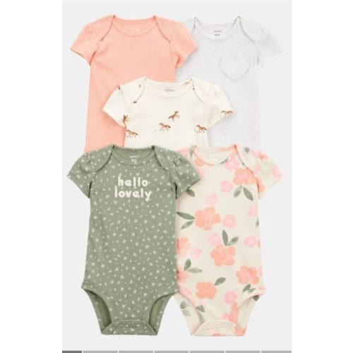 Baby Girl 5-Pack Floral Horses Short-Sleeve Cotton Bodysuits - Pink/Green | Carter's