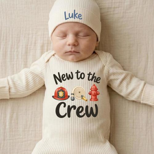 Personalized New to the Crew Firefighter Baby Bodysuit and Hat Set Coming Home Outfit