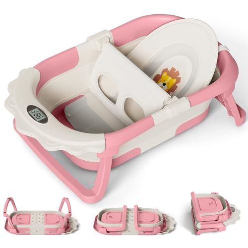 MoreFeel Foldable Baby Bathtub with Thermometer - 4-in-1 Grow-with-Me Collapsible Infant Tub (Newborn to Toddler) with Adjustable Mesh Sling - Space Saving Design