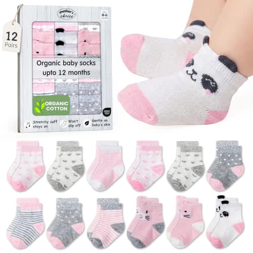 Organic Cotton Blend 12 Warm Baby Socks Infant Unisex 0-6 Months | Oeko-Tex Certified, Ankle Socks, 12 Pairs, Shoe Socks Baby, Long Socks For Baby Girl, Pink with Animal Design, Unisex