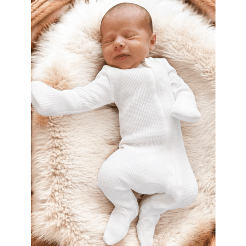 Organic Waffle 2-Way Zip Footie, Lucent White