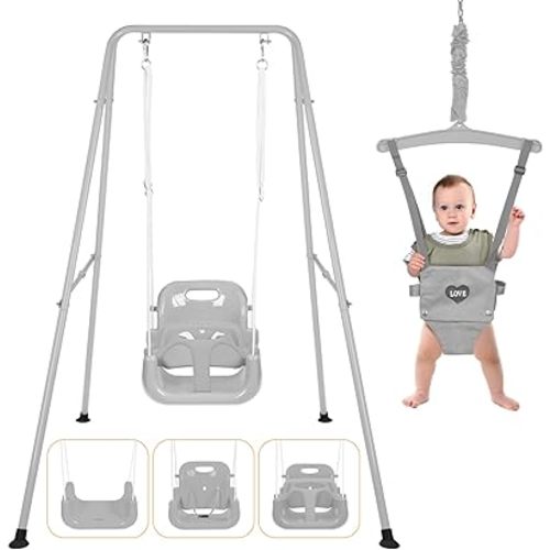 4 in 1 Toddler Swing Set & Baby Jumper, Heavy Duty Kids Swing with Bouncer, Foldable Metal Stand for Indoor & Outdoor, Easy Install & Store (Gray)