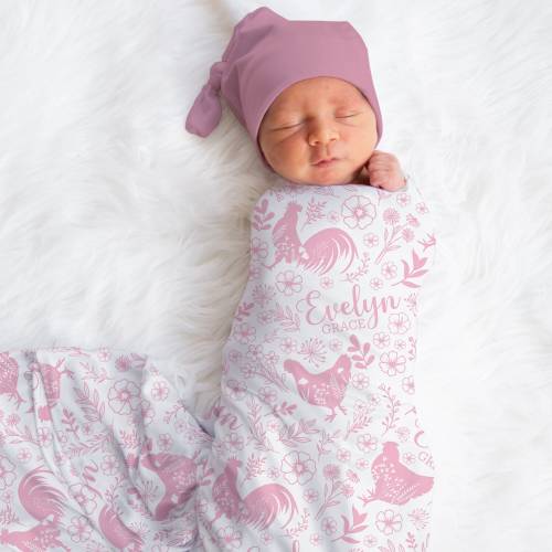 Personalized Chicken Swaddle Blanket Flowers Name Baby Blanket Newborn Baby Girl Coming Home Outfit Hospital Photo Outfit Baby Shower Gift