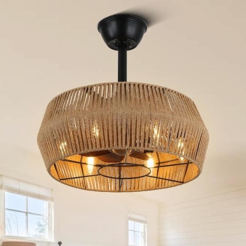 Enfield 20 in. Indoor Rattan Hemp Rope Boho Tan Caged Ceiling Fan with Lights, 3-Speed Scandi Zen Fan lights with Remote