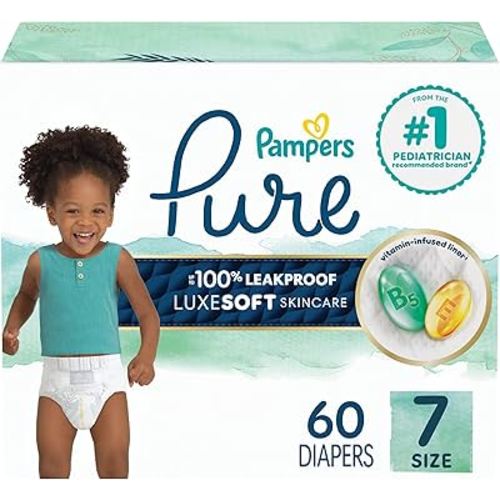Pampers Baby Diapers - Pure Protection - Size 7, 60 Count, for up to 100% Leakproof, Premium Plant-based Skin Protection