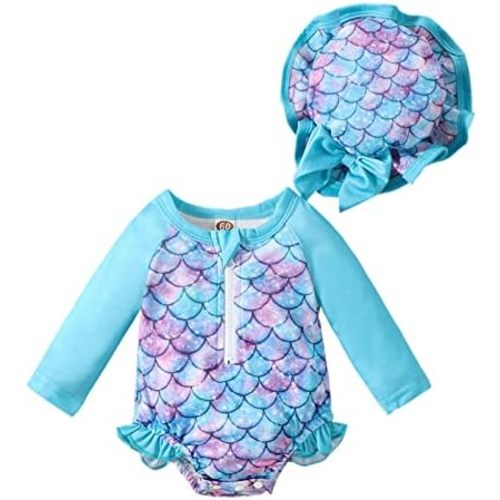 Baby Girls Swimsuit Long Sleeve Zipper Bathing Suit One Piece Swimwear with Hat