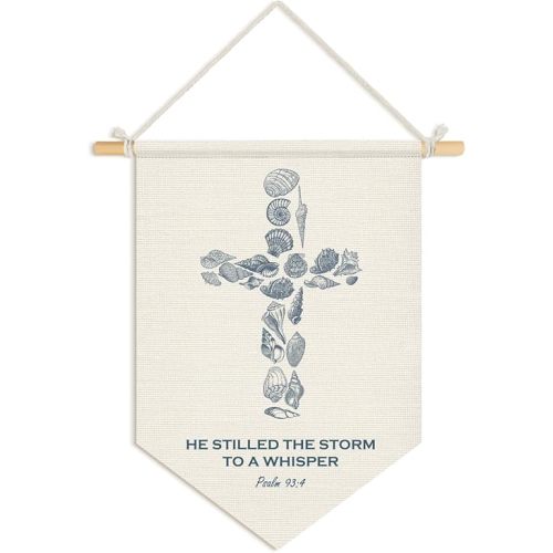 Wheatwin Christian Ocean Nursery Decor, Coastal Seashell Cross Bible Verse Wall Hanging Pennant Flag Banner, Ocean Wall Decor for Kids Nursery Toddler Room Bedroom Playroom 15x11 Inch