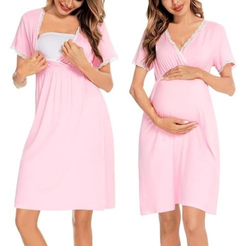 SWOMOG Women 3 in 1 Delivery/Labor/Nursing Nightgown Short Sleeve Pleated Maternity Sleepwear for Breastfeeding