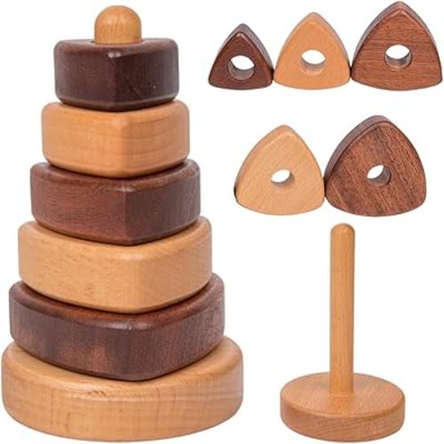 Adena Montessori Ring Natural Wood-Colored Wooden Stacking Toy,Montessori Geometric Stacker Wooden Educational Toy,Baby and Toddler Ages 12+ Months Shape Sorter and Stacking Tower for Babies(Triangle)