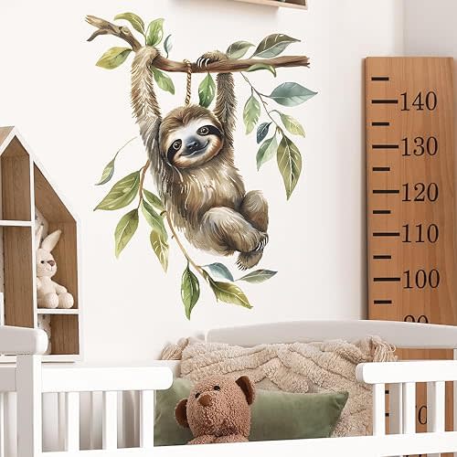 Funny Sloth Wall Decal Sloth on Branch Wall Stickers Peel and Stick Animal Wall Decals Art for Kids Bedroom Playroom Baby Nursery Decor