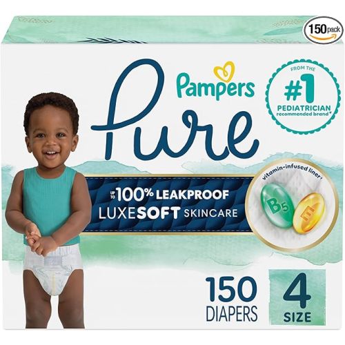 Pampers Pure Protection Baby Diapers, Size 4, 150 Count, Up to 100% Leakproof, Premium Plant-based Skin Protection, Hypoallergenic Soft Diapers