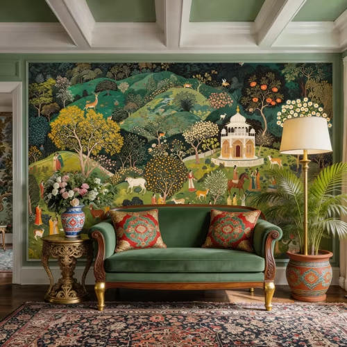 Jaipur Garden Peel and Stick Wallpaper, Vintage Indian Mural, Botanical Wall Decor
80x60